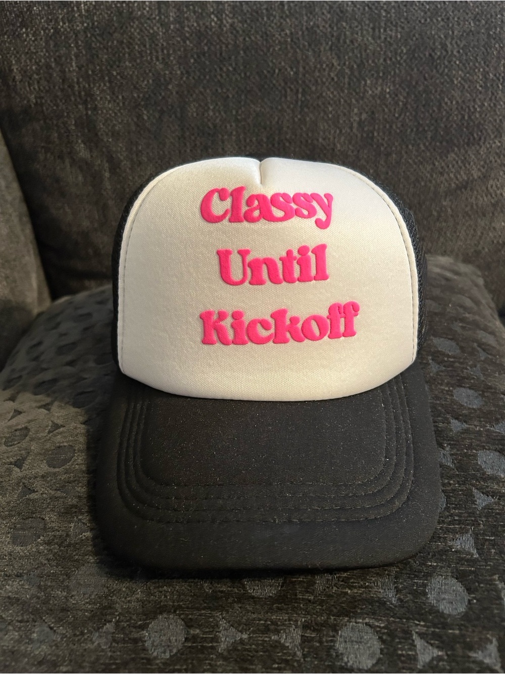 Classy Until Kickoff Women's Pink & White Trucker Hat